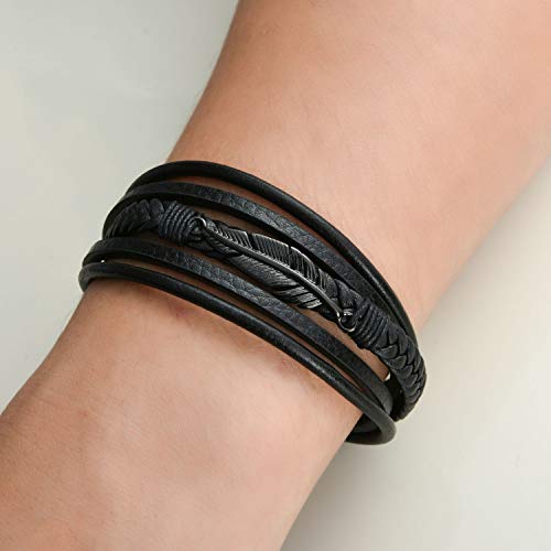 Vanski Mens Multilayer Braided Leather Bracelet Stainless Steel Angel Wing Feather Bracelet For Men #TOP4