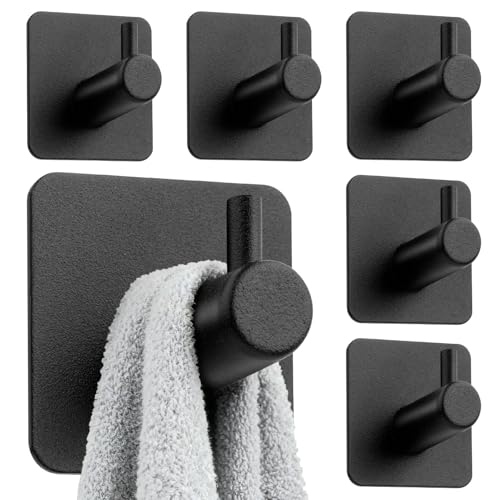 Timzeit Handtuchhalter ohne Bohren - 6er set Handtuchhaken schwarz Badezimmer Handtuchhalter aus Edelstahl Selbstklebender Wandhaken mit 3M-Klebehaken hohe Tragkraft Wasserfeste Haken für Bad