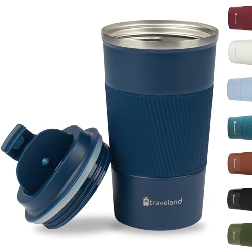 TRAVELAND Coffee Mug Travel in Stainless Steel - 510ml - Leak & BPA Free Lid - Perfect Thermal Mug for Ice Coffee, Hot Brews, Fresh Juices Anywhere - Dark Blue