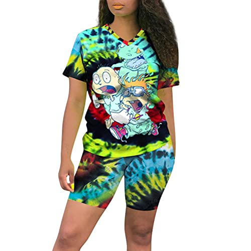 Nhicdns Tenue 2 pièces pour femme - Été - Manches courtes - T-shirt imprimé - Short - Tie-Dye - Jogging - Ensemble d'entraînement, vert, XX-Large Cover