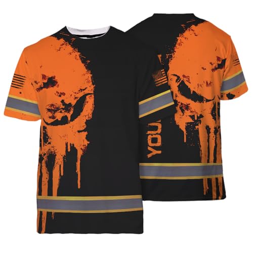 Maddly Hi Vis Shirt Reflective Orange Neon Skull US Flag Custom Name Safety Workwear for Workers, Runners, Cyclists, Trucker, Operator, Patriotic-XL