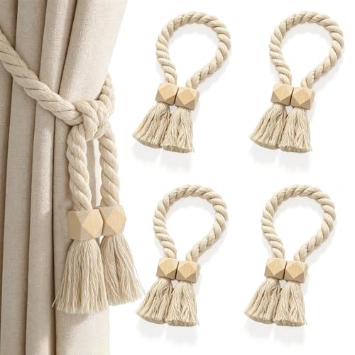 Lot de 4 embrasses de Rideaux magnétiques en Bois et Corde de Coton - Décoration Maison, Bureau