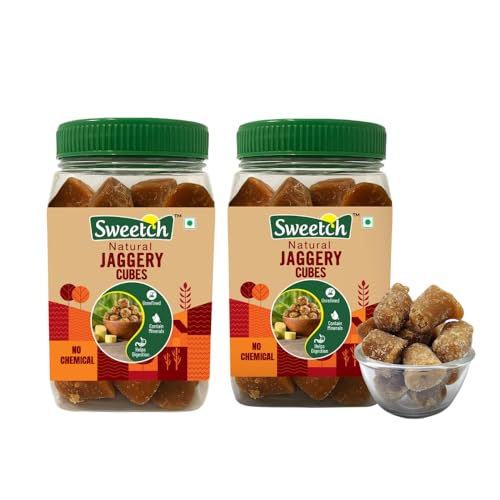 Image of Sweetch Natural Cane Jaggery Cubes 500gm Each Jar Healthy Sugar Substitute, Desi Gud Bites Size Small | Helps in Digestion | Traditional Sweetener | Sugarcane Jaggery, Gur (Pack of 2)
