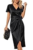 Womens 2023 Summer Satin Bodycon Dress Short Sleeve V Neck Ruched Tie Waist Wrap Split Cocktail Part