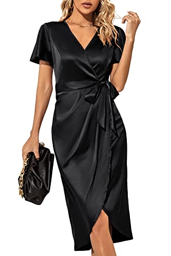 Womens 2023 Summer Satin Bodycon Dress Short Sleeve V Neck Ruched Tie Waist Wrap Split Cocktail Party Midi Dresses Black, M #TOP23