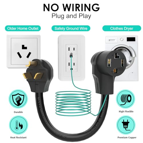 1.5FT 4 to 3 Prong 30 Amp with Ground Wire Dryer Adapter 10-30P to 14-30R by M1A2 - Image 2