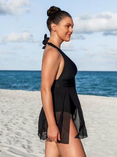 CUPSHE Womens's Plus Size One Piece Swim Dress Tummy Control Swimsuit V Neck Bathing Suit Halter Mesh Skirt Tie3