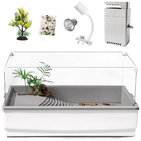 Turtle Tank Habitat, Acrylic Aquatic Tortoise Aquarium Starter Kit with Multi-Function Area, UV Basking Platform Light Lamp, Water Pump Filter, Bottom Drainage Plug for Reptile Hermit Crab Large Cover