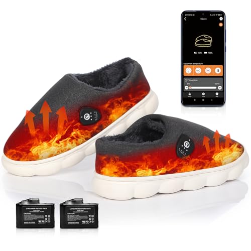 SAVIOR HEAT Heated Slippers with App Control,7.4V Electric Heated Foot Warmer for Men Women,Heated Shoes for Winter Home 7-8 Wide Women/5.5-6.5 Wide Men Grey