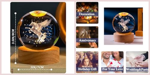 Image of 3D Unicorn Crystal Ball Lamp - Night Light, 3D Unicorn Crystal Ball, Galaxy Lamp Ball, Galaxy Ball Light with USB Powered 3.15 Inch LED Wooden Base