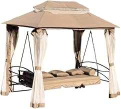 Invezo Impression Alloy Steel Invezo Outdoor Swing 3 Seater for Garden, Adult, Daybed Hammock & Jhula with Water Proof Canopy, Heavy Duty Swing for All Weather (Khaki Color) with Cushions and Pillows