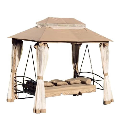 Invezo Impression Alloy Steel Invezo Outdoor Swing 3 Seater for Garden, Adult, Daybed Hammock & Jhula with Water Proof Canopy, Heavy Duty Swing for All Weather (Khaki Color) with Cushions and Pillows