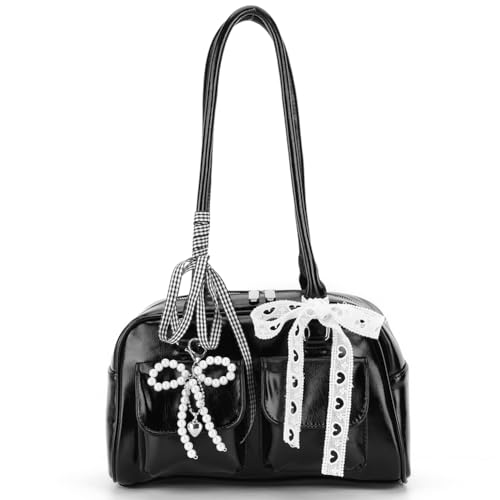 Cymwer Y2K Shoulder Bag for Women Bow Knot Boston Bag PU Leather with Inner Pocket Tote Bag Zipper Closure Handbag Purses for Work Travel