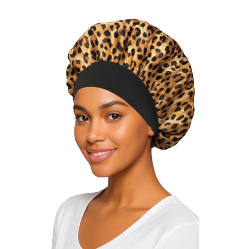 Essential Aura Satin Bonnet Adjustable Sleep Bonnet for Women and Men Curly Hair Braids and Natural Hairstyles (1pck) (Cheetah)