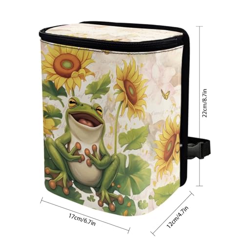 Image of Talayituse Frog Sunflower Butterfly Print Car Trash Bin, Large Size Auto Trash Can Adjustable Portable Garbage Can with Lid, Vehicle Hanging Bag for Headrest Front Back Seat