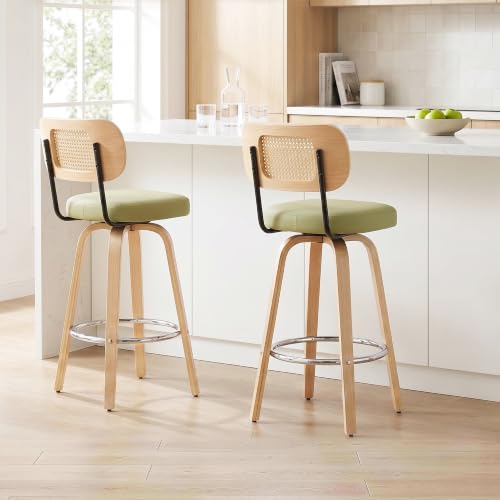 Image of Rattan Bar Stools Set of 2,Upholstered PU Leather, 30''Counter Height Barstools with Back and Wood Legs,360Swivel,Mid-Century Modern Bar Stool for Kitchen Island Dining Room and Bar(Grass Green)