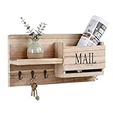 LiteSorb Key Holder Wall Mount Mail Organizer with Key Hooks Wooden Entryway Magazine Slot, Rustic Home Decor for Entryway, Hallway