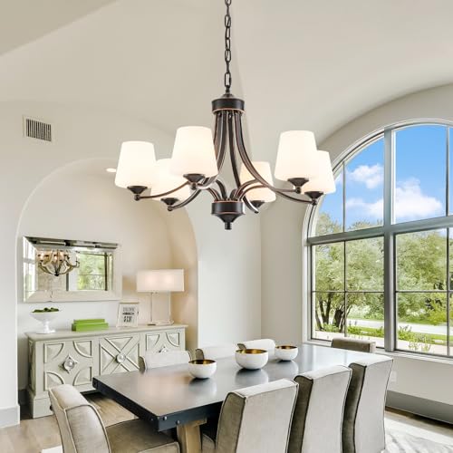Image of 6-Light Farmhouse Chandeliers Black and Gold Dinner Room Light with Frosted Glass 47.2 inch Adjustable Pendant Ceilling Lighting Rustic Vintage Hanging Lamp for Kitchen Island Dining Table Living Room