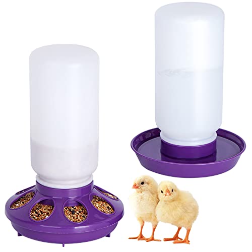 NAOEDEAH Chicken Feeder and Waterer Set no Waste Chick Feeder and Waterer Kit 1L Chicken Water Feeder Poultry Waterer Baby Chick Starter Kit (Purple)