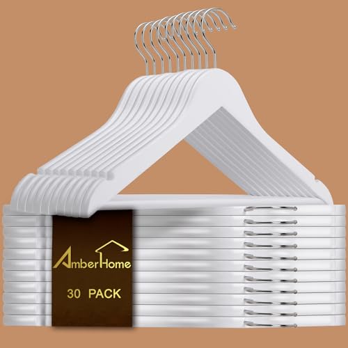 Amber Home White Wooden Hangers 30 Pack - Coat Hangers With Non-Slip Pant Bar for Shirts, Jackets, Dress