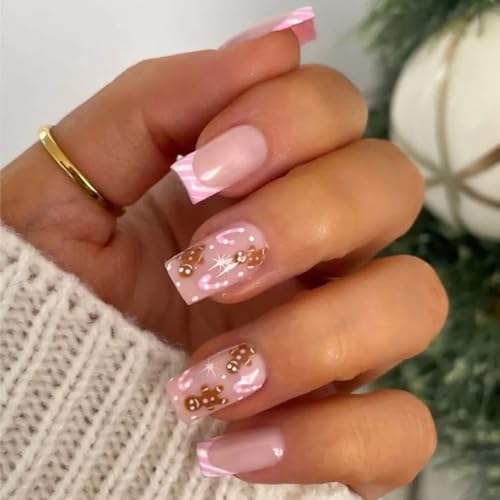 Pink French Tip Press on Nails Christmas Gingerbread Man Cane