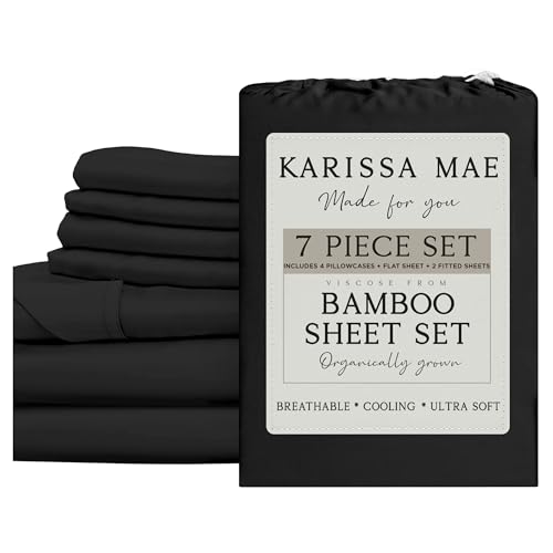 Image of KARISSA MAE 7 Piece Luxury Bamboo Viscose Split King Sheets, FSC Certified | Includes 2 Twin XL Fitted Sheets | Sleep Number & Adjustable Bed | Cooling | 18 inch Deep Pocket | 4 Pillowcases [Black]