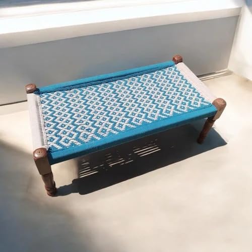 Image of Handwoven Wooden Bench | Traditional Rope Charpai Stool | Solid Wood Frame Seating for Living Room, Balcony & Outdoor | Durable & Stylish Design ((Blue & White Finish))