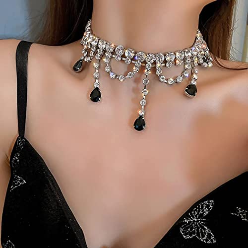 Navoky Rhinestone Choker Black Big Crystal Necklace Silver Neck Chain Tassel Party Jewelry For Women And Girls (A) #TOP3