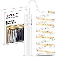 V-TAC Luz armario tira LED con sensor de movimiento y botón ON OFF – Tira LED de 1 metro para iluminar armarios, muebles, camas, escaleras, cocina – Funciona con pilas AAA – Luz cálida