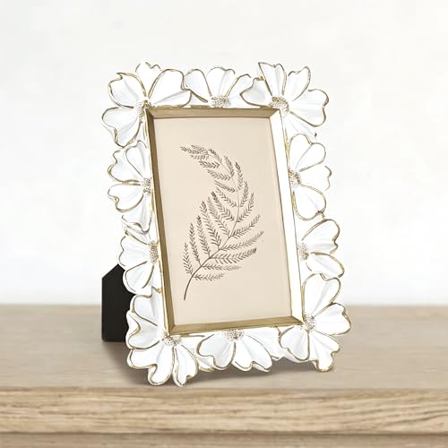 Image of Antique Floral Picture Frame - Resin & Glass Victorian-Style Frame for Tabletop or Wall Decor (White, 4 inch x 6 inch)