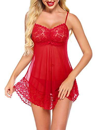 Avidlove Lingerie for Women Sexy Lace Babydoll for Bride Sheer Chemise Nightgowns Red, Medium