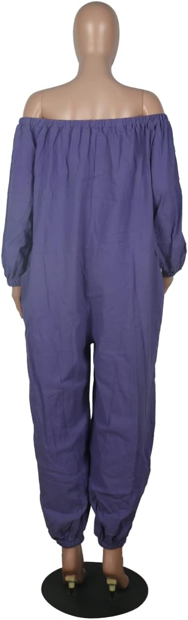 MESLIMA Women's Loose Fit Elastic Off Shoulder Beam Foot Long Sleeve Jumpsuit Rompers with Pockets Plus Size - Image 4