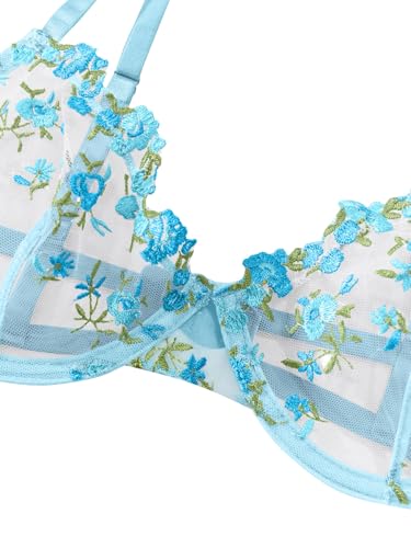 Image of Lilosy Sexy Floral Embroidered Mesh Sheer Underwire Lingerie Set
