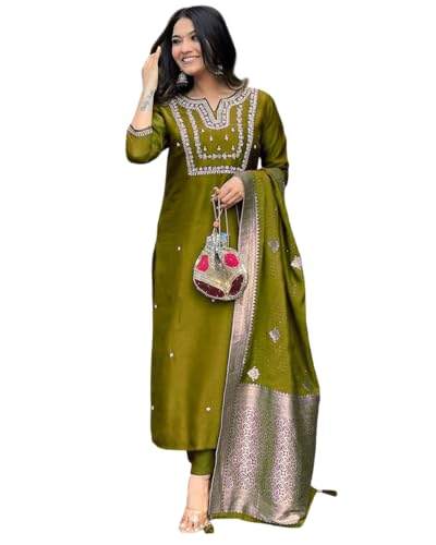The Red Lion Enterprise Women's Partywear Anarkali Salwar Suit alia cut Embridery Kurti dress 3pc Set (US, Alpha, 3X-Large, Regular, Regular, GREEN-X)