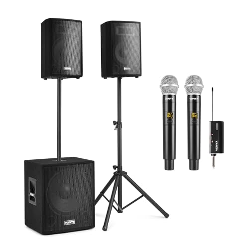 Vonyx VX1015BT Mobile PA Anlage Komplettset + 2 Mikrofone, Aktiv - Bluetooth, 1000 Watt DJ Boxen, Lautsprecher für Beschallung, 2 Speaker, 1 Subwoofer, Kabel, Stative, Tasche