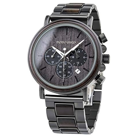 GUANKE Black Mens Wooden Watches Multifunction Fashion Casual Wooden Metal Strap Combined Chronograph & Date Display Wood Wristwatch, Black, M, High Grade Cover