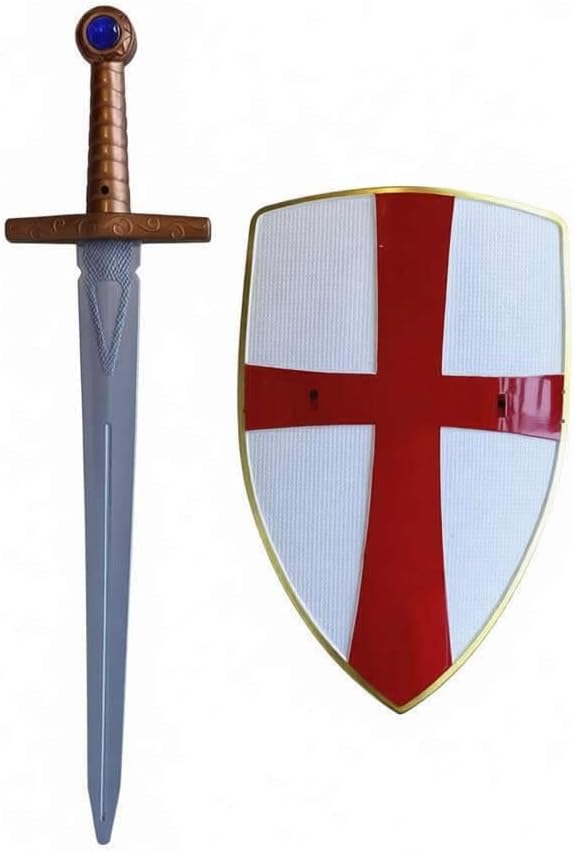 2-Piece Medieval Crusader Shield 12" + Warrior Sword 20" Red Cross Shield Plastic Swords Costume Cosplay Props Halloween