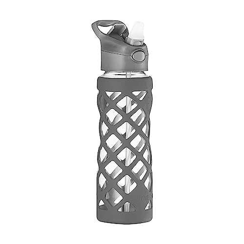 Swig Savvy Sports Leakproof Wide Mouth Glass Water Bottle with Straw and Silicone Sleeve, 25 Ounces, Gray