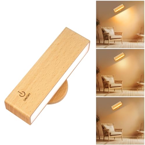 HOTUT Ricaricabile Lampada da Parete Interno in Legno, LED Magnetica Applique da Parete, Ruotare di 360°, Lampada Senza Fili Touch Applique Camera da Letto, per Guardaroba, Corridoio, Comodino