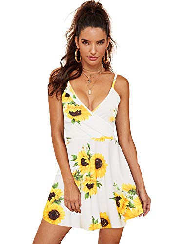 SheIn Women's V Neck Adjustable Spaghetti Straps Sleeveless Sexy Backless Dress (Medium, Yellow Floral)