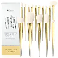 DUcare 15 Piece Professional Makeup Brush Set, Silver-Gold Radiance Synthetic Brushes for Full Face & Eye, Complete Cosmetic Kit with Reusable Storage Holder