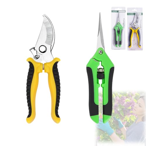 2 Piezas Tijeras de Podar de Mano, Juego de Tijeras de Podar de Acero Inoxidable, Tijeras de Jardín de Derivación, Tijeras de Podar para Setos de Punta Recta y Curva Fáciles de Usar