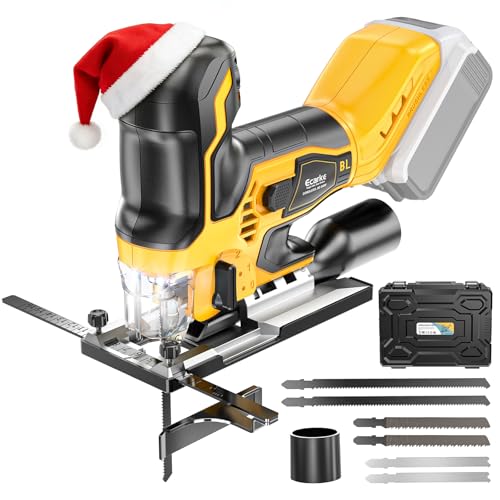 Ecarke Cordless&Brushless Jig Saw Compatible With Dewalt 20V, 3800RPM, 7 Speeds Dial Control, Free-Tool ±45° Bevel Cuts, 4 Orbital Action, Dust Blows and 6 Blades For Cutting (Only Tool)