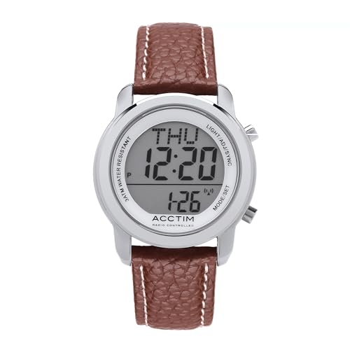 Acctim 'Grande' Radio Controlled LCD Metal Watch with EL Backlight & Calendar, Brown Leather Strap