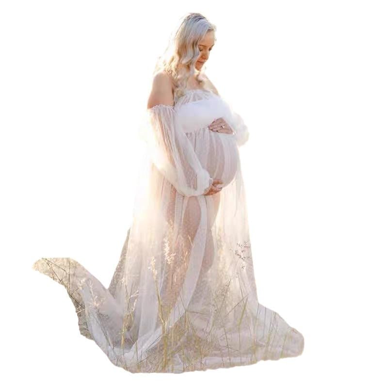 Zukmuk Vestido largo y corto de maternidad para mujer, manga larga de tul, vestido de maternidad para sesión de fotos, Blanco A., M