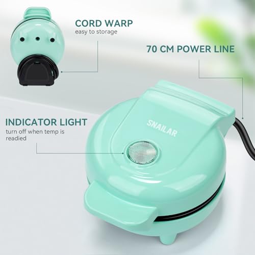 Miniatura 6 de Snailar Gofrera Mini, 550 Waffle Maker, Gofrera Pequeña Para Gofres, Antiadherente, Mango Cool Touch, Diseño Compacto, Temperatura Automática, Verde