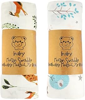 ALBOYI 2 Pack Baby Muslin Washcloths, Soft and Absorbent Baby Bath Towel 120cm x 110cm, Organic Cotton Animal Cartoon Reusable Newborn Towel, Squares Muslin Washcloth Blanket for Newborn