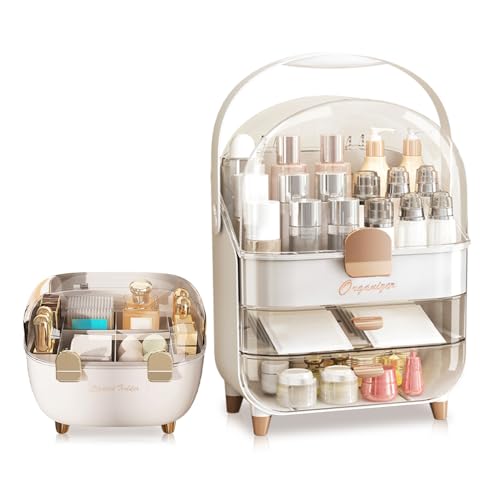 Mulaibdin Organizer Trucchi, Porta Trucchi Organizer Chiuso, Organizzatore Trucchi con Cassetti, Porta Rossetti Organisateur, Grande Make Up Organisateur con Coperchio per Bagno,Profumi,Skincare