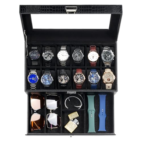 ProCase Watch Box, 12 Slot Mens Watch Case With Drawer, 2-Layer Watch Display Case With Glass Lid, Mens Jewelry Box Storage Holder Organizer, Birthday