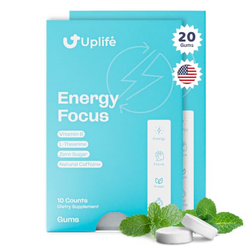 Image of UPLIFE Energy and Focus Gum - 20 Pcs, Made in USA | 40mg Natural Caffeine + 80mg L-Theanine + Vitamin B12 & B3 | Sugar-Free, Vegan | Nootropic Gum for Energy, Focus & Mental Clarity - Peppermint